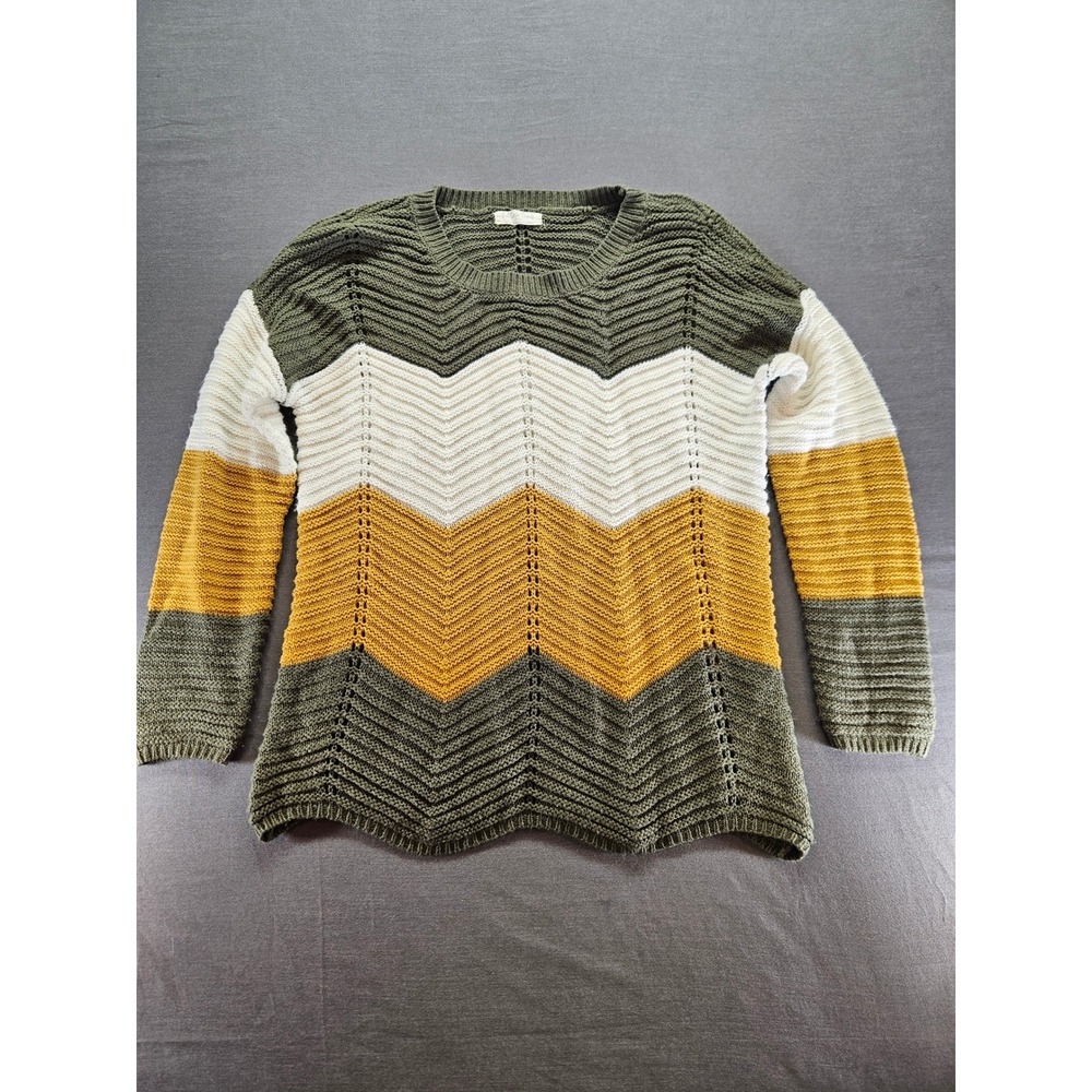 Full Circle Trends Womens Large Chevron Knit Sweater Olive Green Mustard Cream